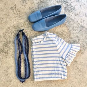 Green Envelope Soft Blue & Ivory Knit Shirt with Ruffle Sleeves XS